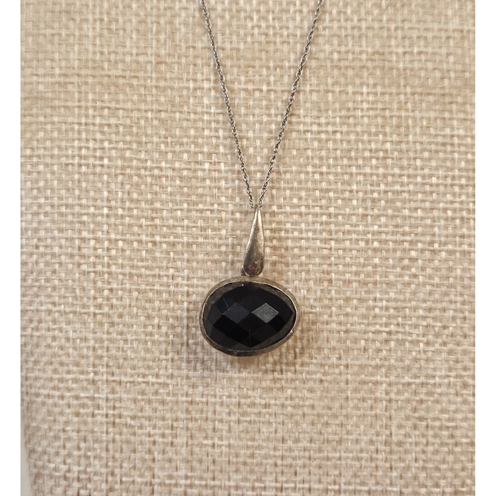 Vintage Sterling Silver & Black Onyx Faceted Oval Pendant Necklace 18"